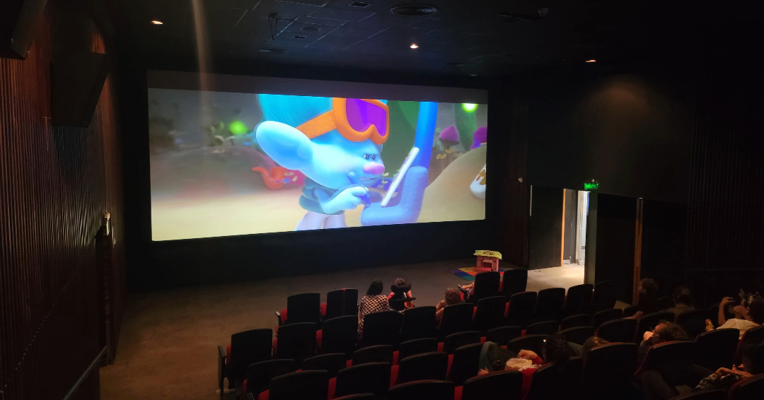 Fotografia tomada dentro de la sala donde se aprecia de fondo la pantalla de cine con imágen es de la pelicula y sentados y de espaldas a los participantes
