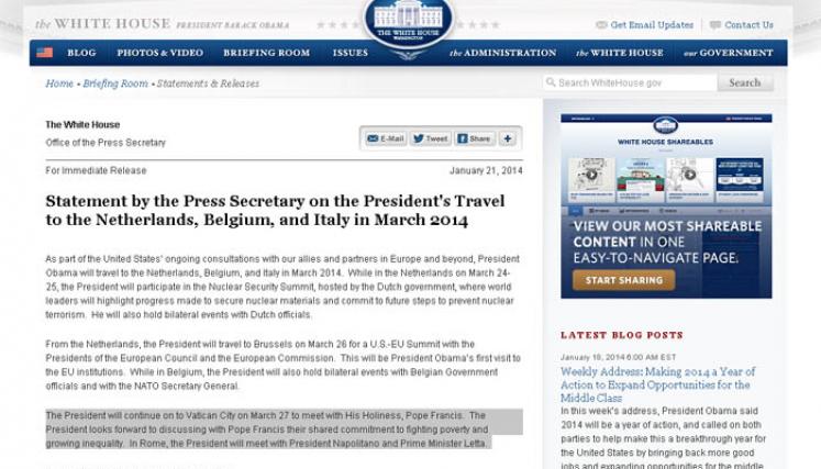 Francisco se reunirá con Obama en el Vaticano. Fuente: http://www.whitehouse.gov/