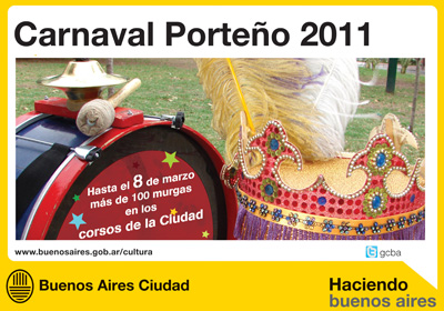 Organizado por el Ministerio de Cultura de la Ciudad de Buenos Aires, contina realizndose la edicin 2011 del tradicional Carnaval porteo, con la participacin de ms de 100 murgas, agrupaciones y corsos.