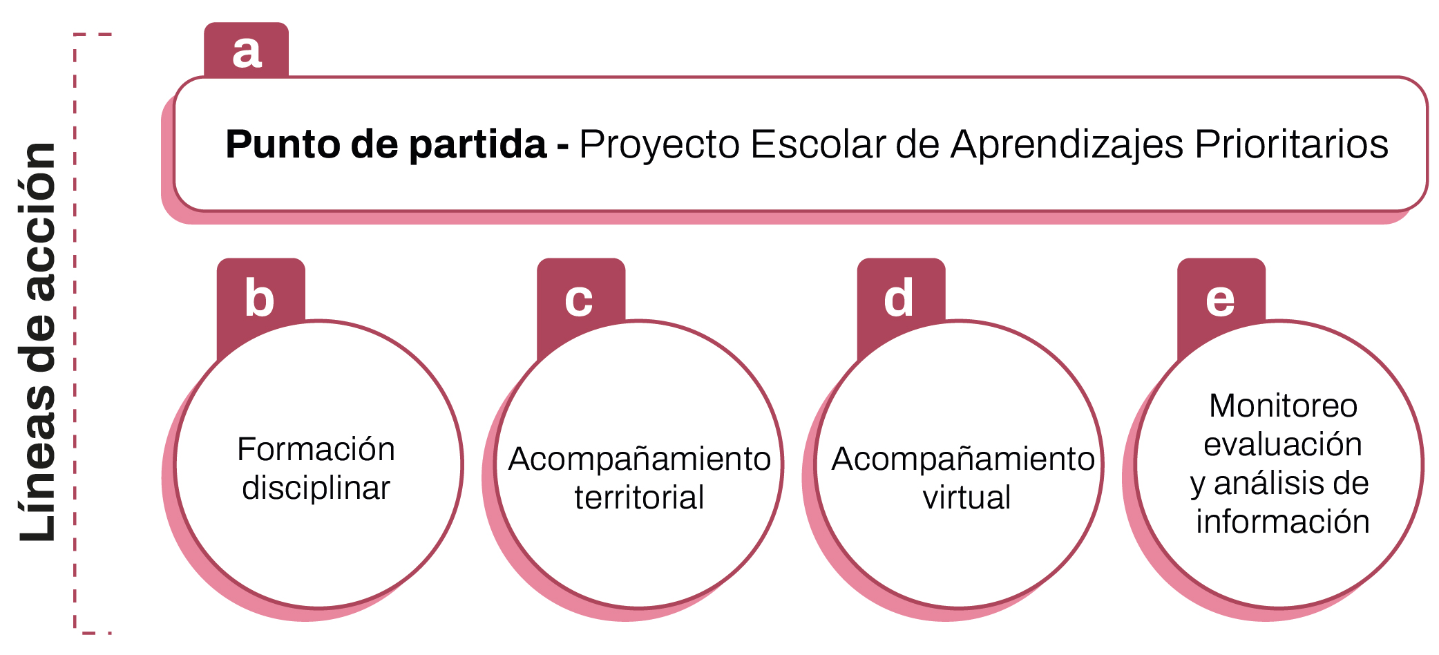 Punto de partida: Proyecto Escolar de Aprendizajes Prioritarios: formación disciplinar, acompañamiento territorial, acompañamiento virtual, monitoreo evaluación y análisis de la información