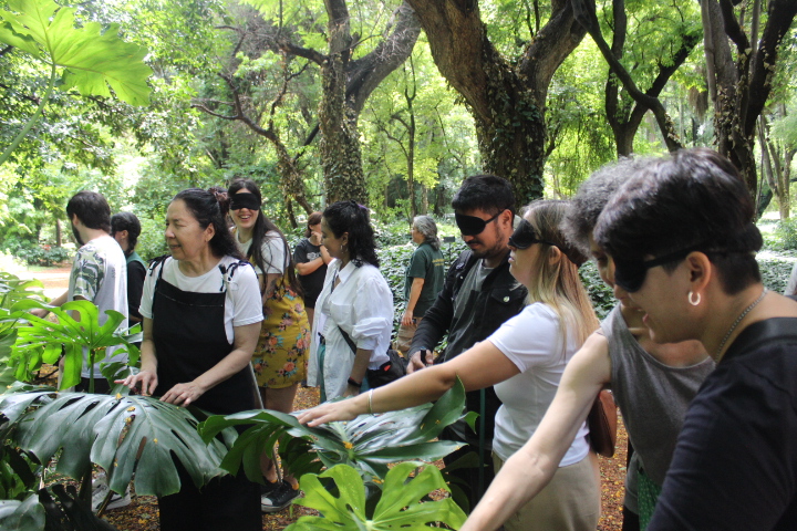 La imagen muestra a un grupo de personas en un entorno natural, rodeados de árboles y vegetación densa. Algunas de ellas están vendadas y parecen estar explorando táctilmente las plantas que tienen a su alrededor. La escena tiene un aire de conexión con la naturaleza, donde los participantes, al estar sin visión, se concentran en las texturas y formas de las hojas. 