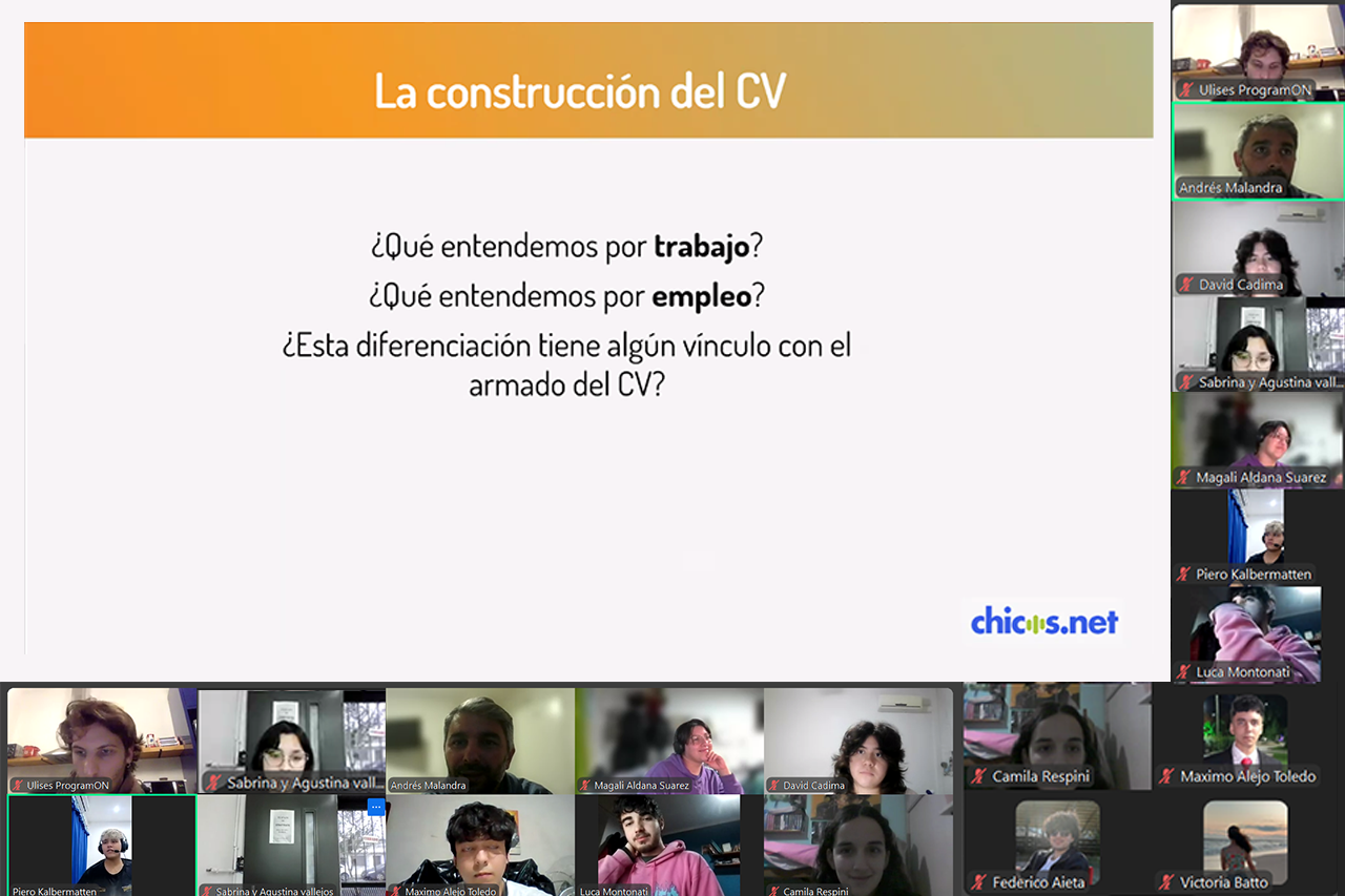 Captura de un taller virtual sobre armado del CV con personas participantes en pantalla y una diapositiva con preguntas guía