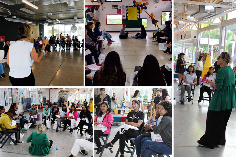 Collage de fotos del cierre de ciclo de talleres: personas adultas sentadas en ronda escuchando, participando de una dinámica grupal con cintas de colores, y compartiendo reflexiones en un espacio amplio y luminoso