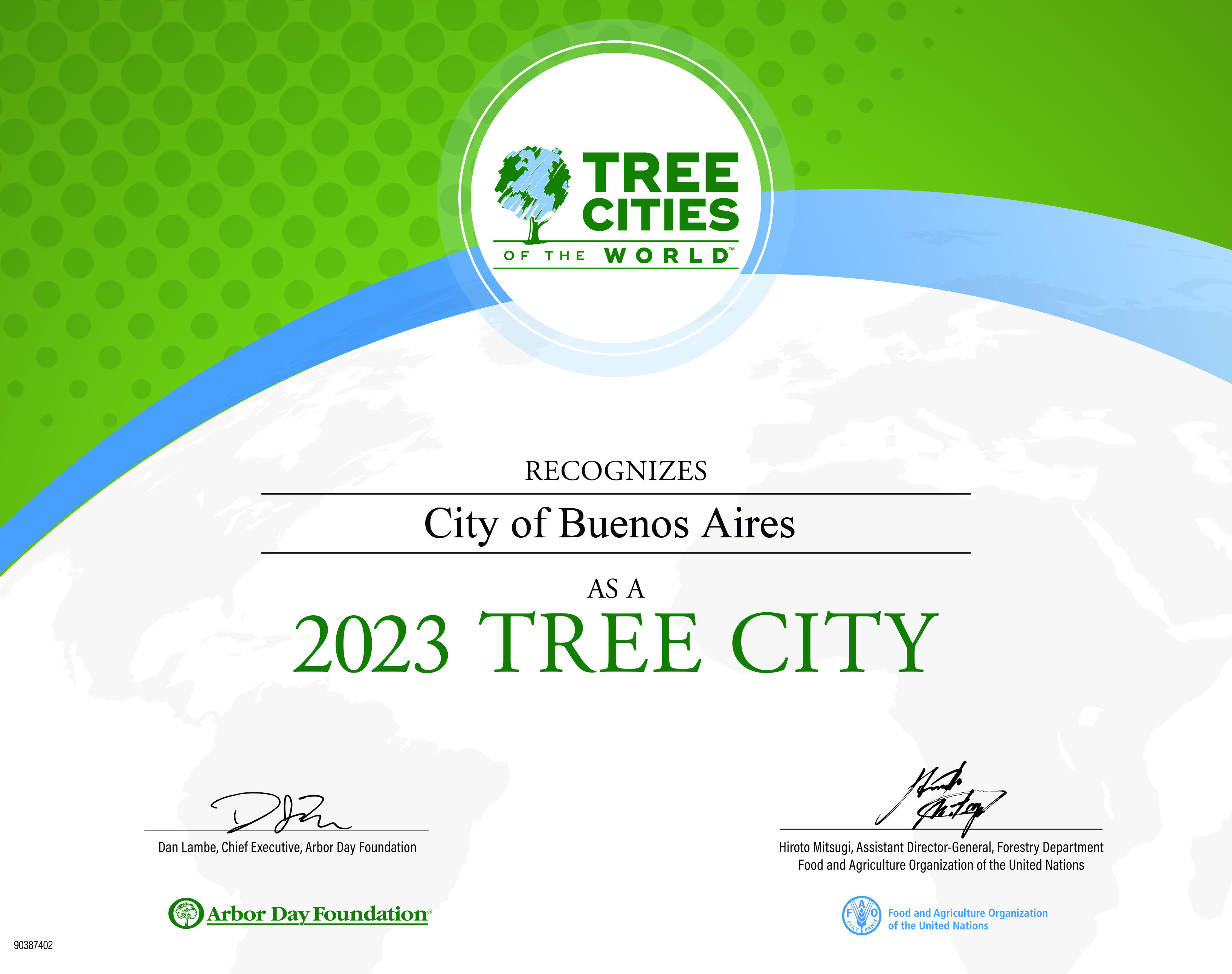 Diploma de reconocimiento a la Ciudad de Buenos Aires como Tree City of the World