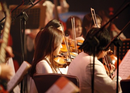 músicos de orquesta de espalda tocando