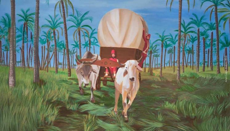 Pintura de paisaje con carreta tirada por bueyes