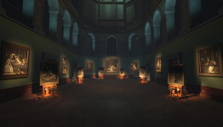 Interior de museo con obras de artes en realidad virtual