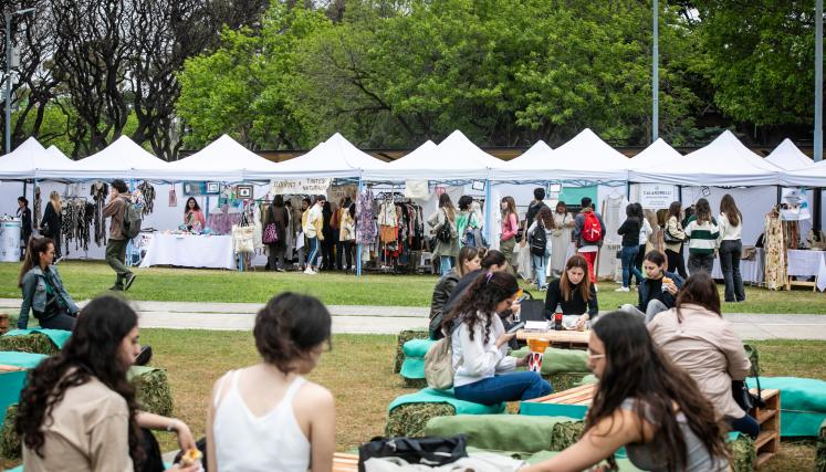 Personas sentadas en el pasto, de fondo feria