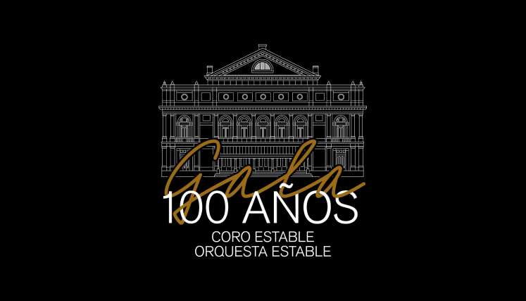 Imagen con dibujo de la fachada del Teatro Colón y texto que dice Gala 100 años Coro estable Orquesta Estable
