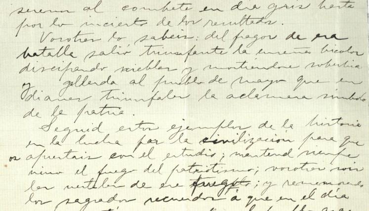 Discurso manuscrito dirigido a alumnos sobre los 100 años de la Batalla de Tucumán